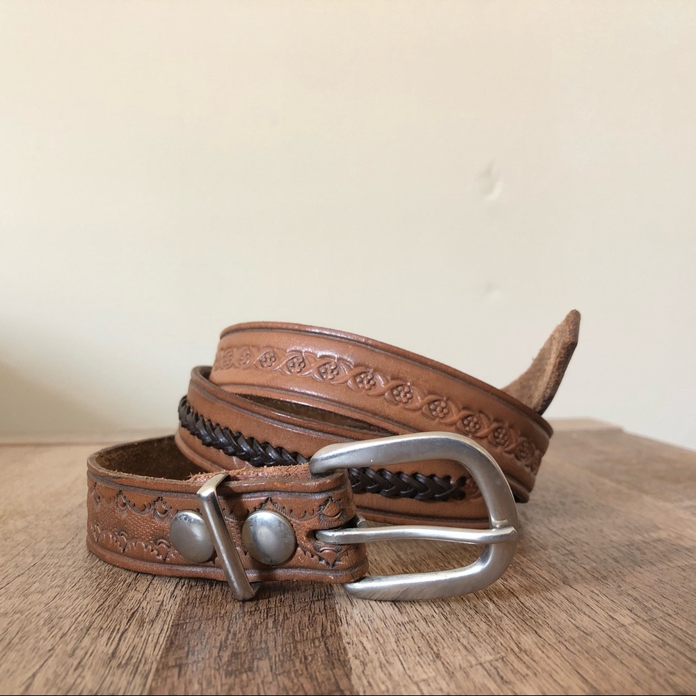 Brown leather belt with silver hardware